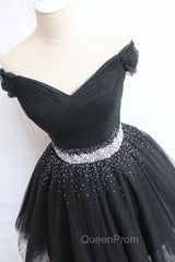 Black Tulle Beaded Short Evening Prom Dresses, Off Shoulder Evening Party Dresses