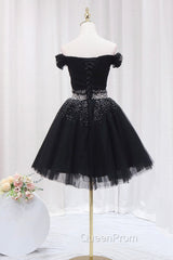 Black Tulle Beaded Short Evening Prom Dresses, Off Shoulder Evening Party Dresses