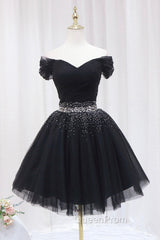 Black Tulle Beaded Short Evening Prom Dresses, Off Shoulder Evening Party Dresses