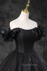 Black Tulle Floor Length A-Line Evening Prom Dresses, Off the Shoulder Evening Party Dresses