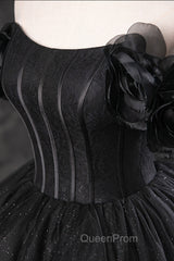 Black Tulle Floor Length A-Line Evening Prom Dresses, Off the Shoulder Evening Party Dresses