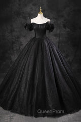 Black Tulle Floor Length A-Line Evening Prom Dresses, Off the Shoulder Evening Party Dresses