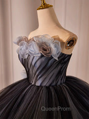 Black Tulle Flower Long Evening Prom Gown, Black Sweet 16 Dresses