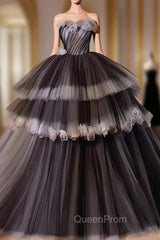 Black Tulle Flower Long Evening Prom Gown, Black Sweet 16 Dresses