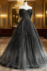 Black Tulle Gradient Long Party Dresses With Beadings, Black Evening Dresses Evening Prom Dresses