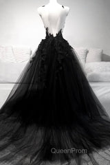 Black Tulle Lace Long A-Line Evening Prom Dresses, Black V-Neck Evening Dresses