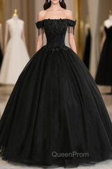 Black Tulle Lace Long Evening Prom Dresses, Black A-Line Evening Gown