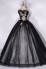 Black Tulle Lace Long Evening Prom Dresses, Black A-Line Strapless Evening Gown