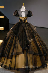 Black Tulle Lace Long Evening Prom Dresses, Black Short Sleeve Evening Dresses