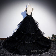 Black Tulle Layers Straps Beaded Long Evening Dresses, Black Evening Dresses Evening Prom Dresses