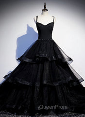 Black Tulle Layers Straps Beaded Long Evening Dresses, Black Evening Dresses Evening Prom Dresses