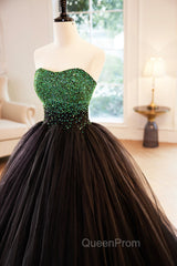 Black Tulle Long Evening Dresses with Green Beaded, Black Strapless Evening Prom Dresses