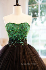 Black Tulle Long Evening Dresses with Green Beaded, Black Strapless Evening Prom Dresses