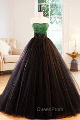 Black Tulle Long Evening Dresses with Green Beaded, Black Strapless Evening Prom Dresses