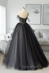 Black Tulle Long Evening Prom Dresses, Black A-Line Strapless Evening Dresses