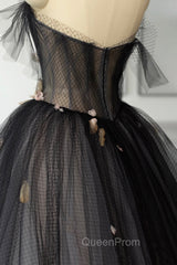 Black Tulle Long Evening Prom Dresses, Black A-Line Strapless Evening Dresses