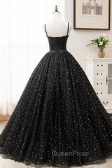 Black Tulle Long Evening Prom Dresses, Black Spaghetti Straps Evening Gown
