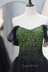 Black Tulle Long Evening Prom Dresses with Beaded, Off the Shoulder Evening Dresses