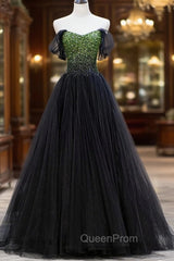 Black Tulle Long Evening Prom Dresses with Beaded, Off the Shoulder Evening Dresses