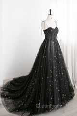 Black Tulle Long Evening Prom Dresses with Stars, Cute Spaghetti Straps Graduation Dresses