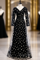 Black Tulle Long Sleeve V-neck Little Daisy Evening Prom Dresses