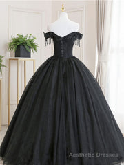 Black Tulle Off Shoulder Lace Long Prom Dress, Black Evening Dress