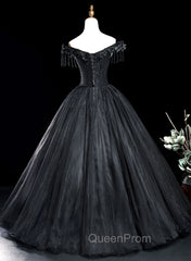 Black Tulle Off Shoulder with Lace Applique Party Dresses, Black Tulle Long Sweet 16 Dresses