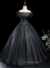 Black Tulle Off Shoulder with Lace Applique Party Dresses, Black Tulle Long Sweet 16 Dresses