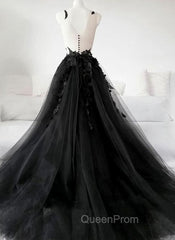 Black Tulle Party Dresses with Lace Long Evening Prom Dresses, Pretty Black Evening Dresses
