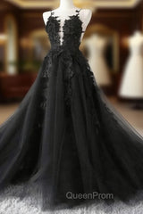 Black Tulle Party Dresses with Lace Long Evening Prom Dresses, Pretty Black Evening Dresses