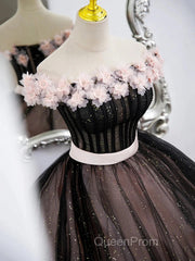Black Tulle & Pink Flowers Sparkle Evening Prom Dresses