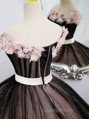 Black Tulle & Pink Flowers Sparkle Evening Prom Dresses