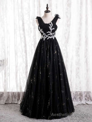 Black Tulle Pleats Appliques Beading Prom Dress