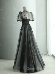 Black Tulle Puffy Short Sleeves A-Line Evening Prom Dresses, Black Evening Dresses Party Dresses
