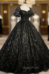 Black Tulle Sequins Long Evening Prom Dresses, A-Line Short Sleeve Evening Gown