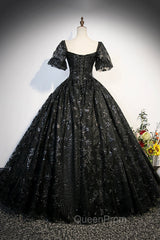 Black Tulle Sequins Long Evening Prom Dresses, A-Line Short Sleeve Evening Gown