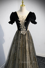 Black Tulle Sequins Long Evening Prom Dresses, Black A-Line Evening Dresses
