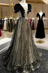 Black Tulle Sequins Long Evening Prom Dresses, Black A-Line Evening Dresses