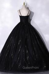 Black Tulle Sequins Long Evening Prom Dresses, Black Spaghetti Straps Evening Dresses
