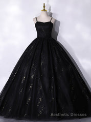 Black Tulle Sequins Straps Quinceanera Dress