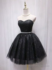 Black Tulle Sequins Sweetheart Pleats Homecoming Dress