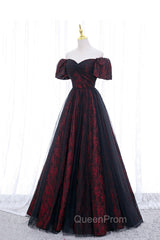 Black Tulle Short Sleeve Evening Dresses, Off the Shoulder Evening Prom Dresses