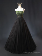 Black Tulle Spaghetti Straps Green Beading Prom Dress