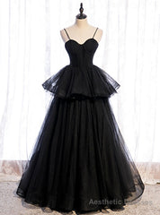 Black Tulle Spaghetti Straps Long Prom Dress
