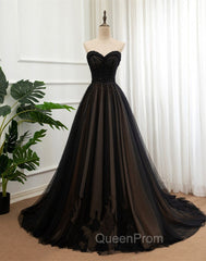 Black Tulle Sweetheart A-line Evening Dresses with Lace, Black Long Evening Prom Dresses