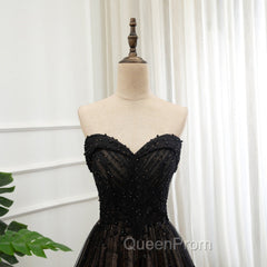 Black Tulle Sweetheart A-line Evening Dresses with Lace, Black Long Evening Prom Dresses
