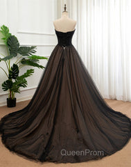 Black Tulle Sweetheart A-line Evening Dresses with Lace, Black Long Evening Prom Dresses