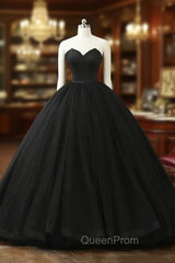 Black Tulle Sweetheart Ball Gown Sweet 16 Dresses, Black Long Evening Dresses