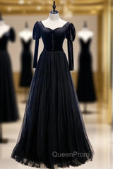 Black Tulle Velvet Long Sleeve Square Evening Prom Dresses