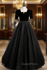 Black Tulle Velvet Short Sleeve Beading Evening Prom Dresses